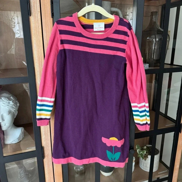 Hanna Andersson sweater dress long sleeve knit flower plum girls striped - Picture 1 of 4